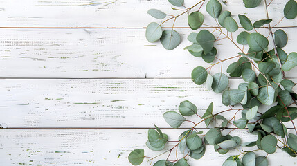 Wall Mural - eucalyptus branches and leaves on wooden rustic white background. minimal background eucalyptus on w