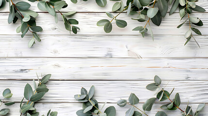 Aufkleber - Eucalyptus branches and leaves on wooden rustic white background. Minimal background eucalyptus on white board. Flat lay, top view, copy space