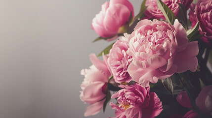 Fresh bunch of pink peonies and roses with copy space