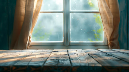 Aufkleber - Background. Wooden table on defocuced window with curtain