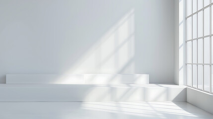 Poster - Abstract white studio background for product presentation. Empty room with shadows of window. Display product with blurred backdrop.