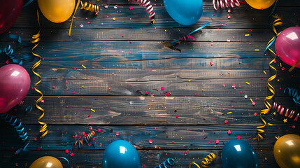 Leinwandbilder - Colorful carnival or party frame of balloons, streamers and confetti on rustic wooden board