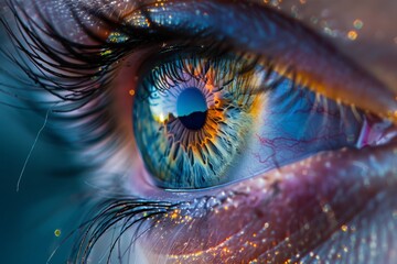 Close-up of a person's eye, showcasing a vibrant iris with a sunset reflection