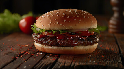 Aufkleber - Close-up home made beef burger on wooden table