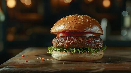 Aufkleber - Close-up home made beef burger on wooden table