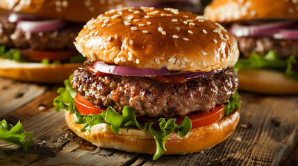 Poster - Close-up home made beef burger on wooden table