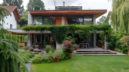 Aufkleber - Einfamilienhaus, Wohnhaus mit Garten