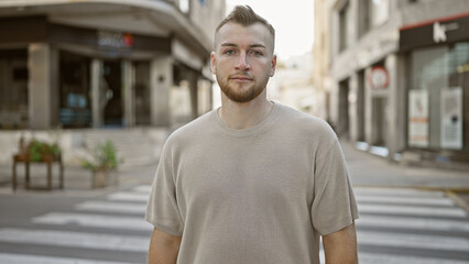 Wall Mural - Bearded young caucasian man posing confidently outdoors on a city street, exemplifying urban lifestyle and fashion.