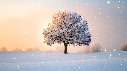 Poster - Beautiful tree in winter landscape in late evening in snowfall