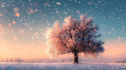 Poster - Beautiful tree in winter landscape in late evening in snowfall