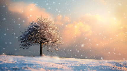 Aufkleber - Beautiful tree in winter landscape in late evening in snowfall
