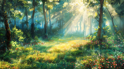 Aufkleber - Beautiful forest in spring with bright sun shining through the trees