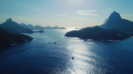 Poster - aerial view of christ and botafogo bay from high angle.