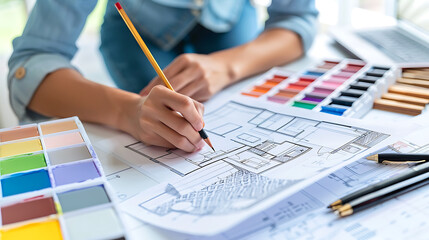 Aufkleber - Architect designer Interior creative working hand drawing sketch plan blue print selection material color samples art tools Design Studio