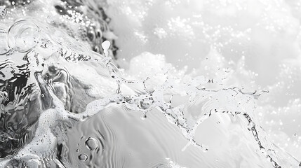 Aufkleber - Closeup of desaturated transparent clear calm water surface texture with splashes and bubbles. Trendy abstract nature background. White-grey water waves in sunlight