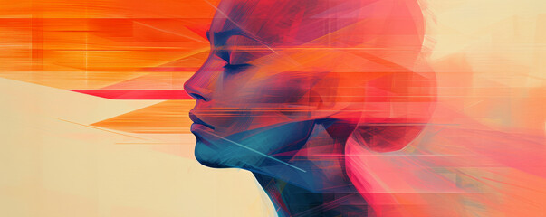 Poster - Abstract digital painting of a colorful female profile with dynamic geometric shapes