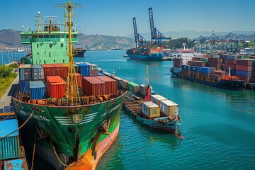 Large Cargo Ship in Port with Multiple Containers