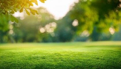 Wall Mural - natural grass field background with blurred bokeh and trees in park