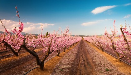 Wall Mural - springtime landscape with peach tree orchards in the countryside