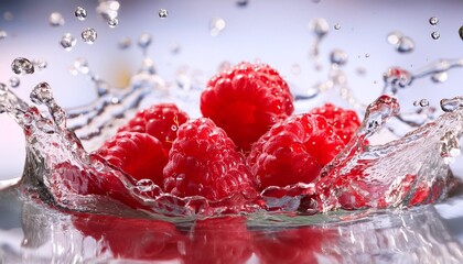 Wall Mural - ripe red raspberries in a splash of water close up dynamic image