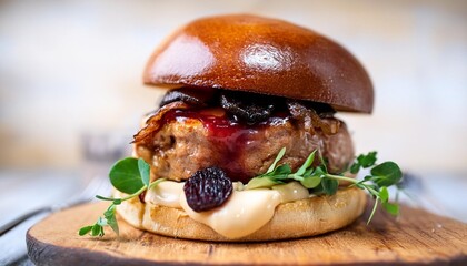 Wall Mural - foie gras burger a mouthwatering beef patty topped with a generous slice of seared foie gras crispy pancetta and a tangy fig jam served on a toasted brioche bun this opulent burger offers a symph