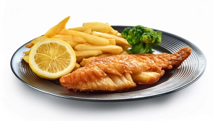 Wall Mural - fish with french fries and lemon on a plate