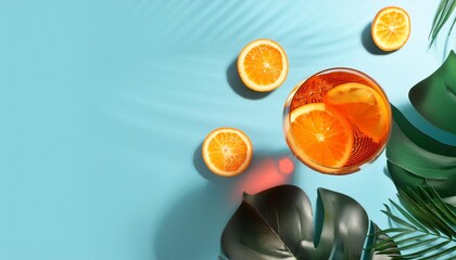 Sticker - summer refreshing cocktail aperol spritz with orange and tropical leaves on a blue background with shadows top view