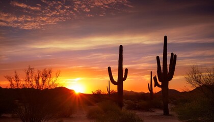 Wall Mural - sunset in the desert colorful sunset in the arizona desert with silhouette of saguaro cactus