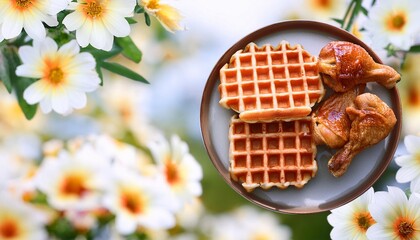 Poster - chicken and waffles on a plate with flower background