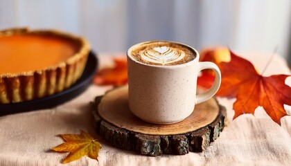 Wall Mural - a warm mug of coffee with a latte design decorated with a fall leaf and resting on a wood slice a pumpkin pie and autumn leaves are in the background creating a cozy atmosphere