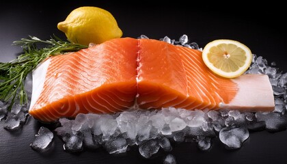 Poster - salmon fish and ingredients on ice on a black stone table top vi