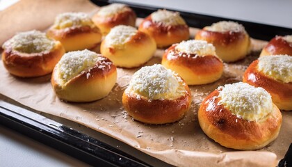 Wall Mural - freshly baked buns topped with cream cheese and shredded coconut on a baking tray with parchment