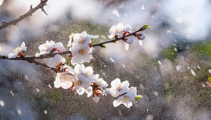 Wall Mural - snow falling on a spring blossom tree