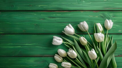 Wall Mural - White tulip bouquet on green wood backdrop with space for text Easter theme view from above