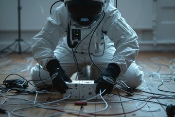 Wall Mural - Astronaut in White Suit Operating Electronic Equipment