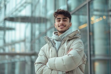 Smiling young man in white puffer jacket, standing in front of glass building.