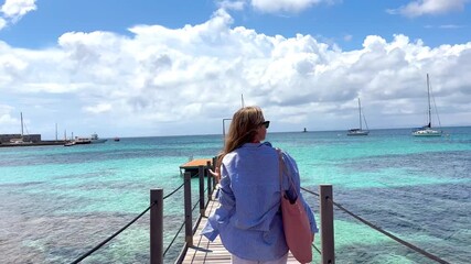 Wall Mural - One young girl enjoying summer time and freedom lifestyle walking and exploring tropical island. Blonde woman looking opening arms
