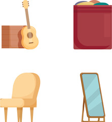 Poster - Home interior icons vector set with furniture, design, guitar, wall, mirror, armchair, house decor, modern illustration graphics