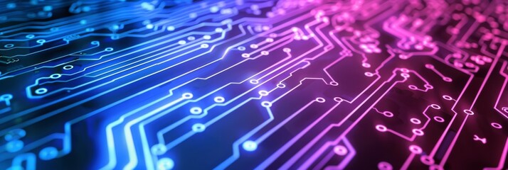 Poster - Closeup of a glowing AI technology circuit board with neon lights, symbolizing futuristic tech advancements.