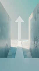 Poster - Symmetrical minimalistic white arrow pointing upwards in a modern architectural corridor