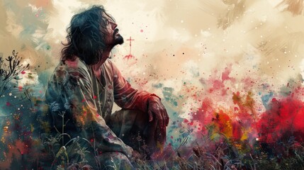 Canvas Print - Watercolor painting of Jesus praying with background of red, orange, yellow, blue splatter effects, evoking divine presence and spiritual energy