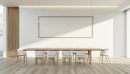 Poster - Modern dining room with wall-mounted shelves with empty frame