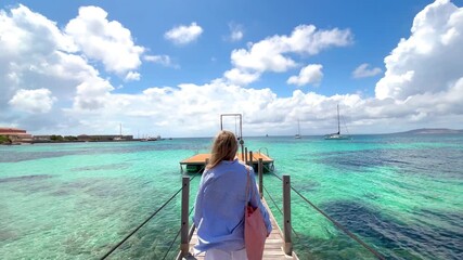 Wall Mural - One young girl enjoying summer time and freedom lifestyle walking and exploring tropical island. Blonde woman looking opening arms
