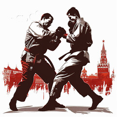 two men fighting in modern russian wrestling, the city of moscow is visible on background