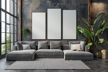 Wall Mural - Modern Hollywood glam living room sleek design with empty frame