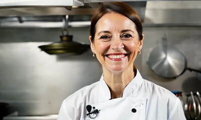 Wall Mural - Portrait of a female chef smiling at the camera in a restaurant