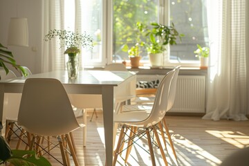 Wall Mural - Modern Dining Table with White Chairs in Sunlit Room