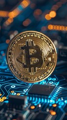 Poster - Golden bitcoin on circuit board with bokeh lights, digital currency concept