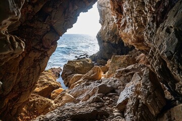 Wall Mural - Cavern by the Ocean: Sunlit Rocks and Water