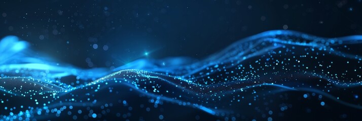 Poster - dynamic abstract blue waves and particles flowing through space, representing data and futuristic te